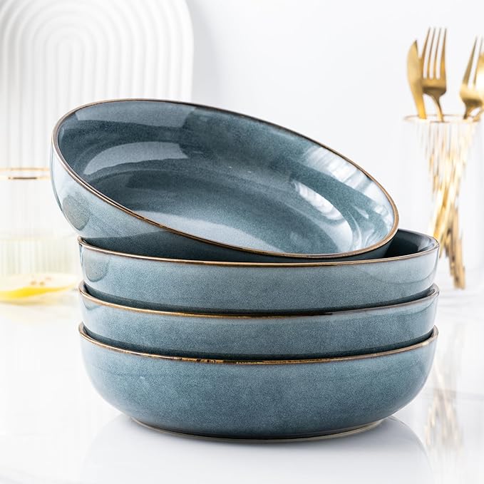 GBHOME 8.75'' Large Ceramic Pasta Bowls, 38oz Stoneware Pasta Serving Bowls Set of 4 for Kitchen, Wide Bowls for Fruit,Pasta,Salad,Oatmeal,Meal, Microwave Safe, Reactive Glaze-Space Blue
