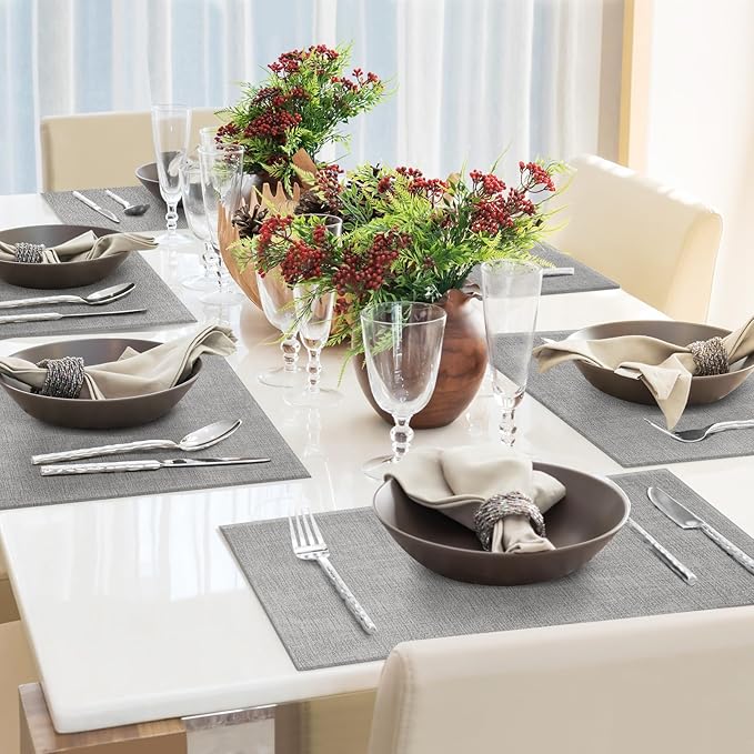 Faux Leather Placemats Set of 8 Washable PU Table mats for Kitchen Table - Heat Resistant, Waterproof, Easy Clean, Anti Slip 11.8" x 17" (Light Grey-8 Pack)