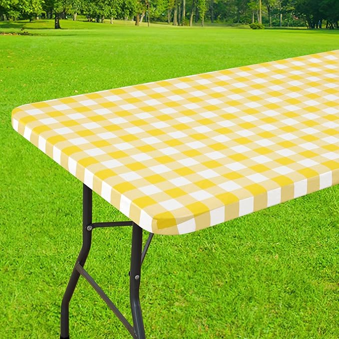 Smiry Rectangle Picnic Table Cloth, Elastic Waterproof Fitted Vinyl Tablecloths, Flannel Backed Buffalo Plaid Table Covers for Dining, Camping, Outdoor (White and Yellow, 24" x 48")