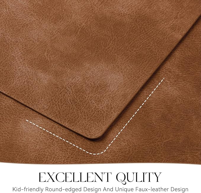 MOSAYT Vinyl Placemats Set of 8-12 X 17 Inch - Faux Leather 100% Waterproof Oil-Proof Wipeable PU Place Mats, Heat Resistant Reversible Table Mats for Kitchen, Dining, Outdoor (Reddish Brown)