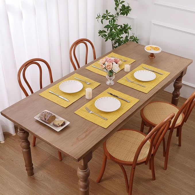 SHACOS Washable Cloth Placemats Set of 6 Fabric Place Mats Non Slip Double Layered Thick Faux Linen Placemat Reversible Table Mats Home Wedding Table Decor, Yellow
