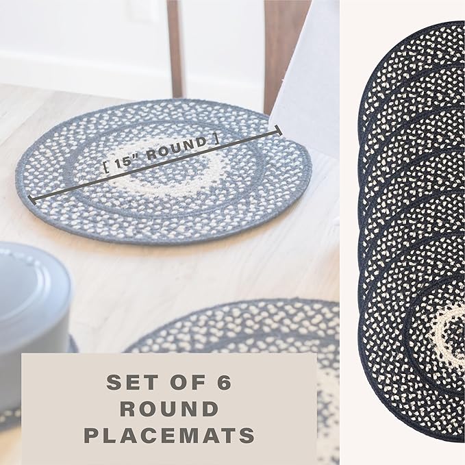 Homespice Manchester Jute Woven Round Placemats Set of 6, 15", Country Primitive Decor, Black and Tan Table Mats - Vibrant Colors, Durable, Easy to Clean and Protects Furniture