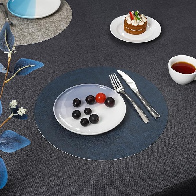 Myir JUN Round Placemats Dual Sided, Faux Leather Place Mats Set of 4 Indoor Placemat for Dining Table Outdoor Place Mat Non-Slip Washable Table Mats (Gray Blue, Set of 4)