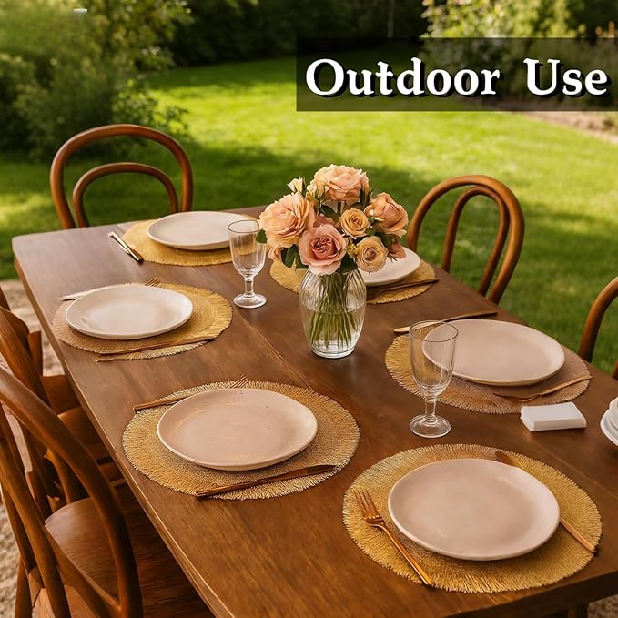 FAVE Gold Round Vinyl Placemats Set of 6, Washable Hollow Out Tassel Place Mats for Table Decoration, Daily Table Use, Holiday Decoration(15 inch,6PCS)