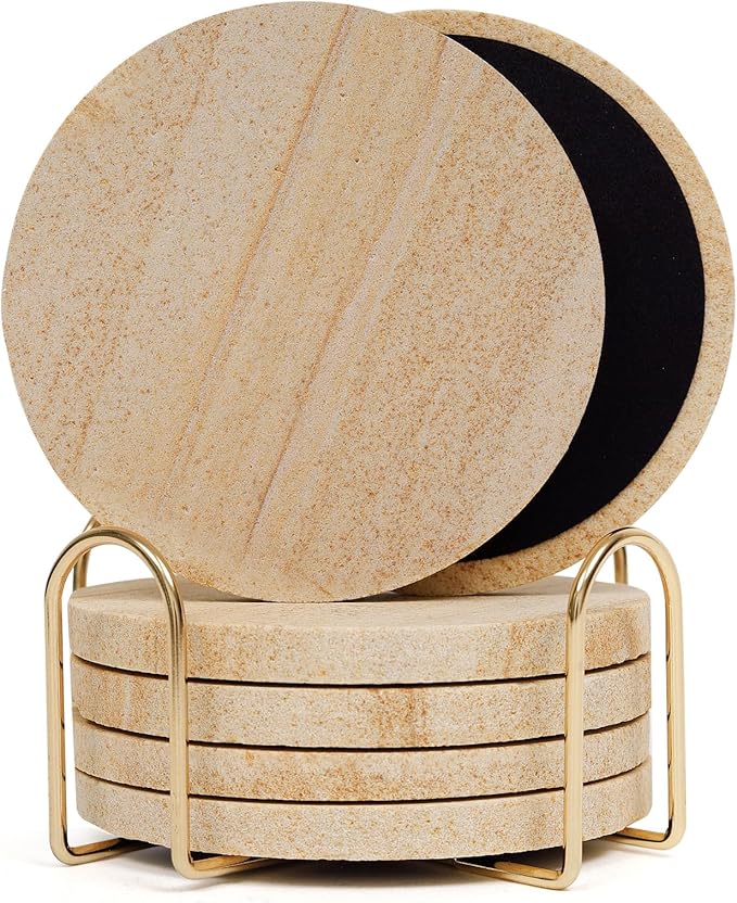 Absorbent Coasters Set of 6, Desert-Like Patterns Natural Sandstone Coaster with Holder for Coffee Table Decor, Rustic Stone Drink Coasters with Velvet Backing, Made from Australian Sandstone