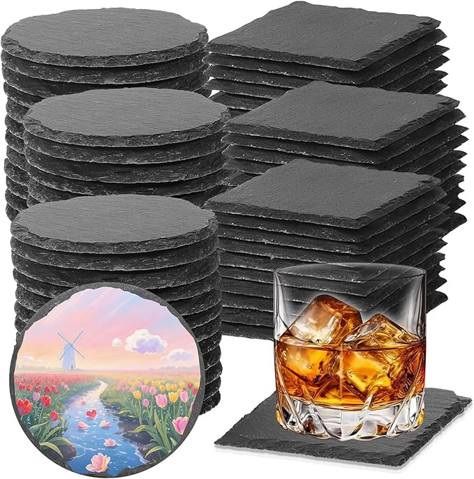 72pcs Slate Coasters Black 4 Inch Bulk Blank Rock Coasters Blank Laser Engraving, Hand Painted DIY, Scratch Resistant Bottom (36*Square+36*Round)