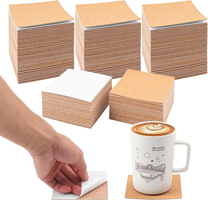 400 PCS 4 Inch Square Self-Adhesive Cork Sheets for Coasters, Cork Coaster Backing Pad for Home Tabletop Decoration