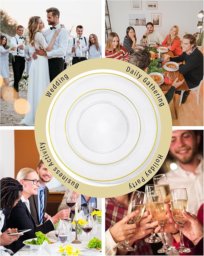 Hioasis 60pcs Clear Gold Plastic Plates - Gold Disposable Dinnerware Set, 30pcs Dinner 10.25in & 30pcs dessert 7.5in plates with striped designs for party & wedding