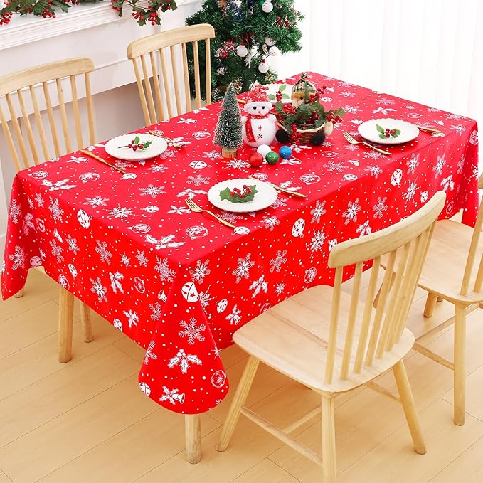 Smiry Christmas Rectangle Table Cloth, Waterproof Vinyl Tablecloth with Flannel Backing, Wipeable Bell & Snowflake Plastic Tablecloths for Christmas Table Decorations, (60"x120", White & Red)