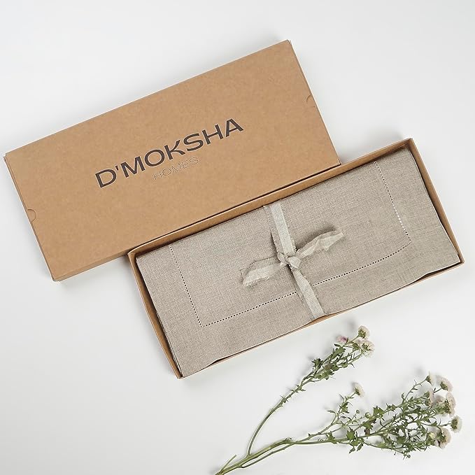 D'Moksha Homes Linen Natural Table Runner 132 Inches Long - 100% Pure Linen Extra Long Table Runner 14 x 132 Inch for Valentines, Spring, Easter - Classic Hemstitch