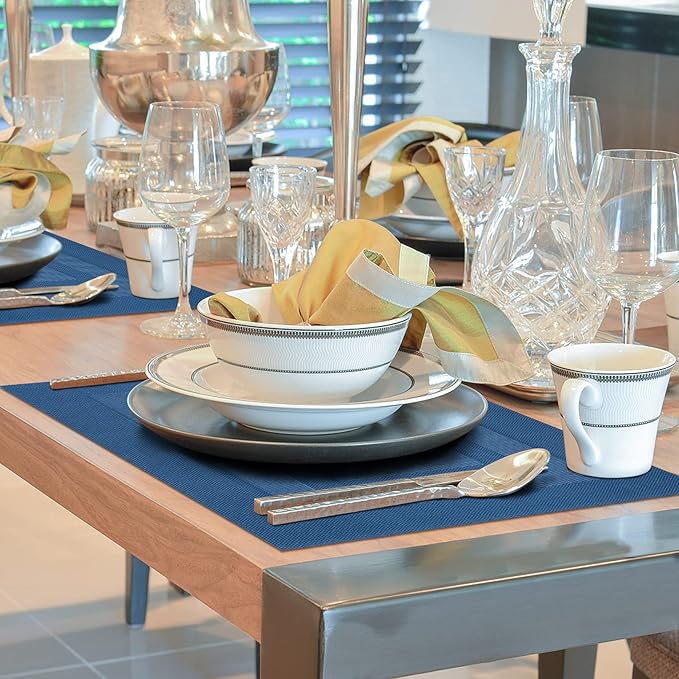 Winknowl Placemats Set of 4, Washable Vinyl Woven Placemats, Heat Resistant & Wipeable Table Mats for Kitchen Dining Table (Navy Blue)