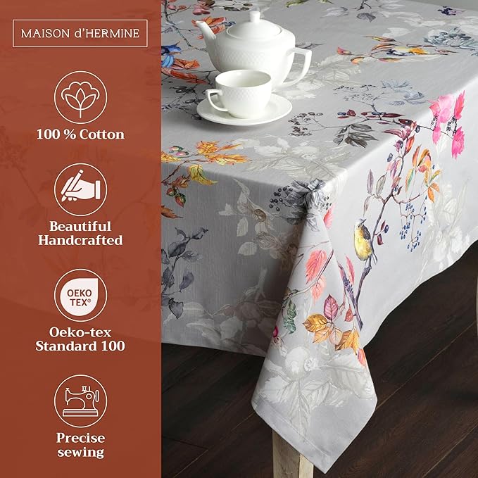 Maison d' Hermine Table Cloth Rectangle Table 100% Cotton 70 x 108 Inches Fall Tablecloth Reusable Everyday Use for Thanksgiving Christmas Decorations Dining Farmhouse Party (Equinoxe - Grey)