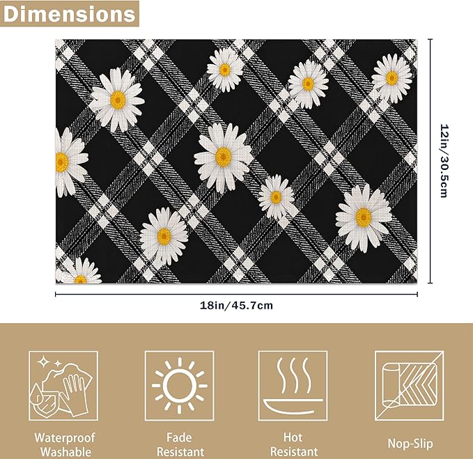 Daisy Floral 12x18 Inch Placemats Set of 6 - Waterproof, Non-Slip & Washable Table Mats for Kitchen & Dining Table Placemats