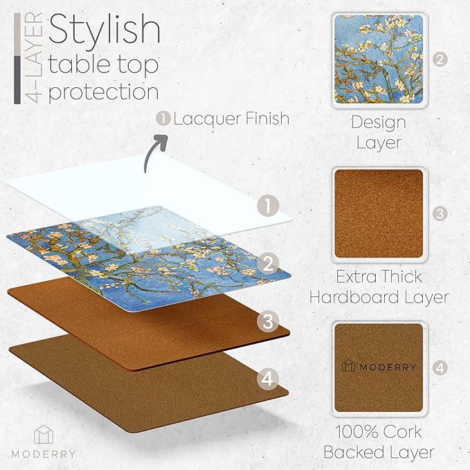 Set of 4 Heat Resistant Cork Placemats for Dining Table with Free Set of 4 Matching Drink Coasters Van Gough Blue Botanical Design 16 x 12 Inches Cork Backed Hard Placemats (Almond Blossoms)