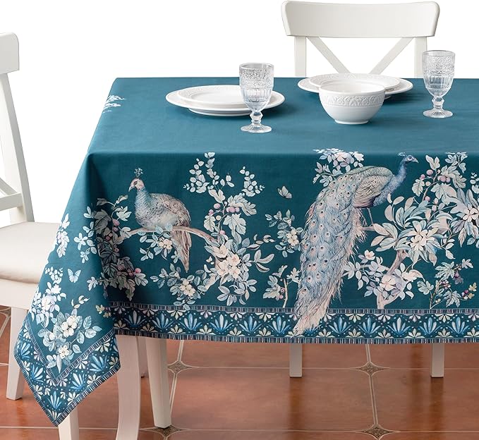Maison d' Hermine Premium Table Cloth Rectangle Table 100% Combed Cotton 108 x 70 Inches Tablecloth Reusable Decorative for Dining Room, Farmhouse, Party, Festive & Wedding - Peacock Utopia - Deep Sea