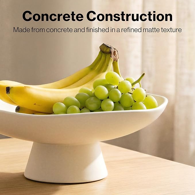 Modern Concrete Fruit Bowl for Kitchen Counter – Cream White Decorative Pedestal Bowl, 11.2” Wide Minimalist Fruit Tray for Home Décor, Table Decor, Entryway Key Bowl
