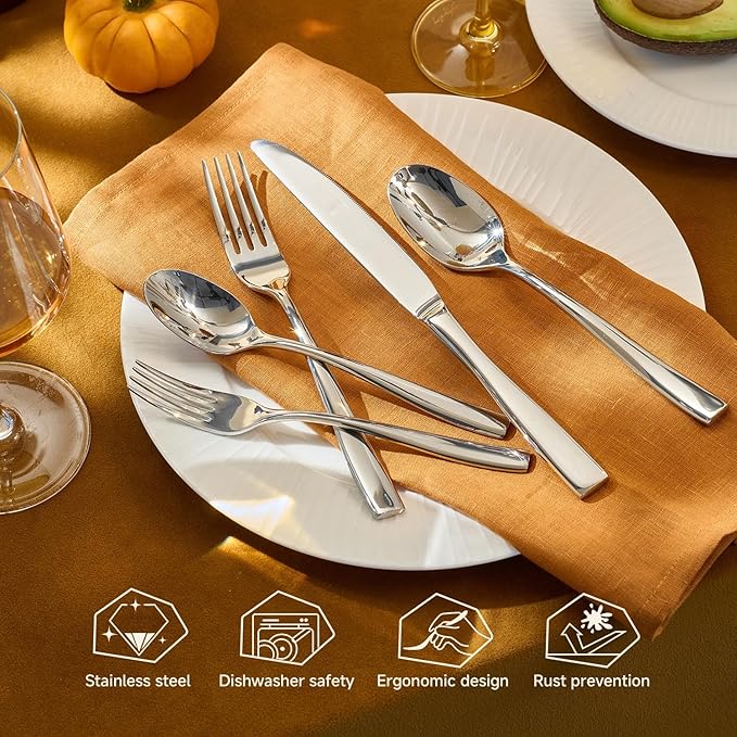 KINGSTONE Silverware Set for 12, 60-Piece Stainless Steel Flatware Set with Forks, Knives, Spoons, Dishwasher Safe Cutlery Set for Home, Wedding, Rust-proof