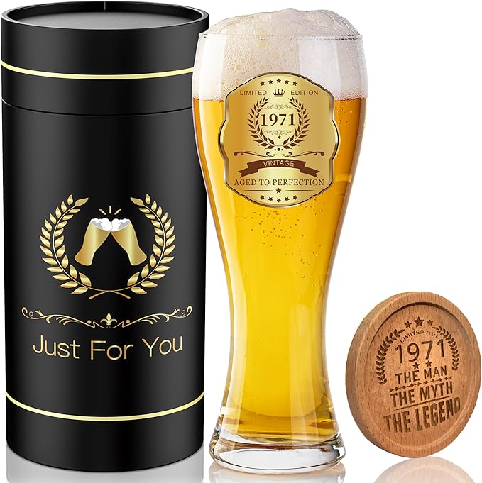 55th Birthday Beer Glasses Gifts, Personalized '1971' Vintage Glass Ware Set for Men, Black Gift Package with Drinking Glass, Coaster, and Card for 55 Years Old Man
