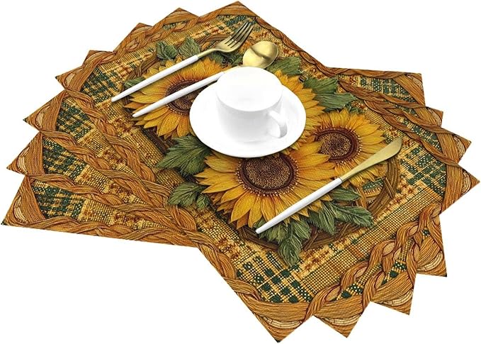 Sunflower Placemats Set of 4 Washable Table Place Mats for Dining Kitchen Party Decor