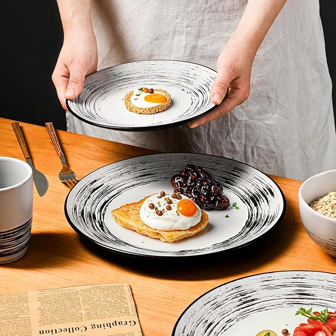 Homlouue 16 Pcs Stoneware Dinnerware Sets for 4, Porcelain Farmhouse Plates Bowls Mugs Set - Minimalist Chip Resistant Dish Set, Microwave & Dishwasher Safe in White and Black Thread
