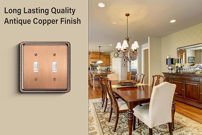 Henne Bery Rope Edge Decorative Wall Plate Switch Plate Outlet Cover (Double Toggle, Antique Copper)