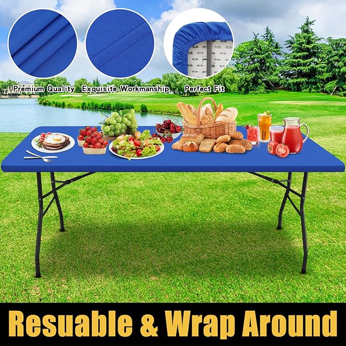 Smiry Rectangle Picnic Table Cloth, Waterproof Elastic Fitted Tablecloths for 5 Foot Tables, Washable Polyester Table Cover for Camping, Indoor and Outdoor (Blue, 30"x60")