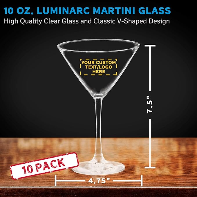 Custom Martini Glasses by ARC 10 oz. Set of 10, Personalized Bulk Pack - Perfect for Hotel, Bar, Restaurant or Lounge - Clear