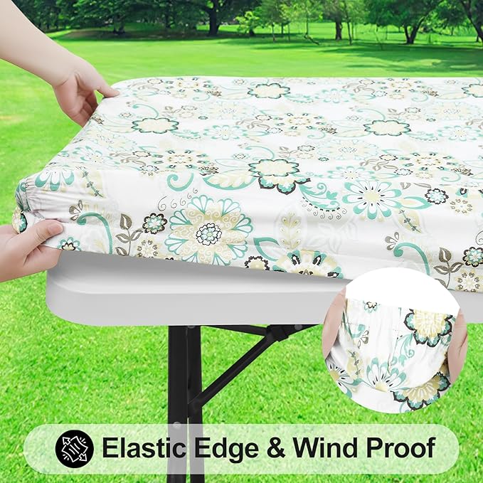 Smiry Rectangle Table Cloth Cover, Waterproof Elastic Fitted Picnic Tablecloth for 6 Foot Tables, Wipeable Flannel Backed Vinyl Tablecloths for Camping, Dining, Outdoor (Teal & White, 30" x 72")