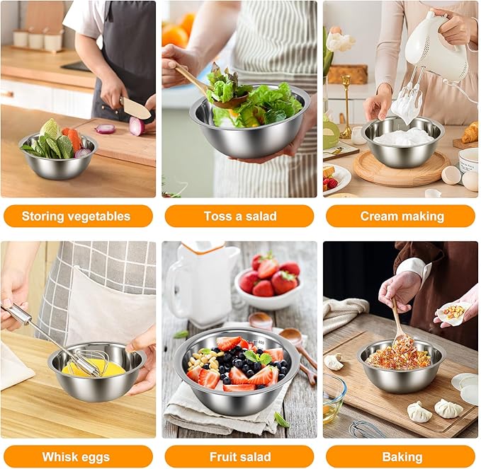 5 Pack Stainless Steel Bowls, Mixing Bowls Set with Scale Marks, 5 Different Size (4.5, 3,2,1.5,0.7QT) Nesting Baking Salad Bowls for Kitchen Cooking Baking(5)
