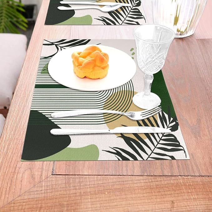 Boho Mid Century Sun Placemats Printed Modern Rainbow Leaves Green Design Washable Place Mats 12x18Inch for Dining Kitchen Farmhouse Decor 4 PCS