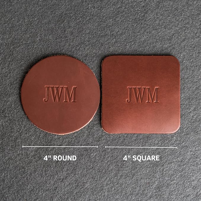 Ox & Pine Personalized Leather Coaster - Sold Individually or in Sets of 4 - Customize Inscription - 100% Full-Grain Leather – 4" Round or 4" Square (Square, Stone Natural, 1 Individual Coaster)