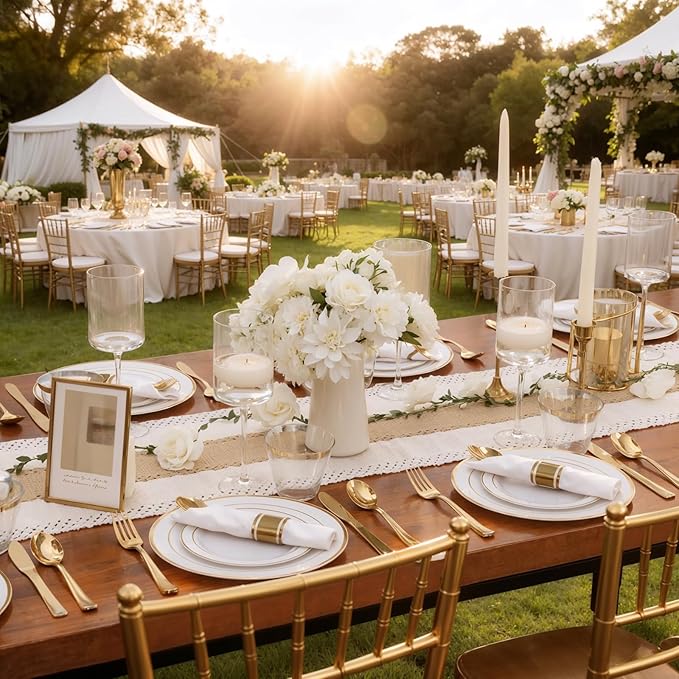 350Piece Gold Dinnerware Set for 50 Guests - Gold Plastic Plates with Disposable Cutlery Include:50Dinner Plates-50Dessert Plates-50Pre Rolled Napkins with Silverware for Valentine’s Day