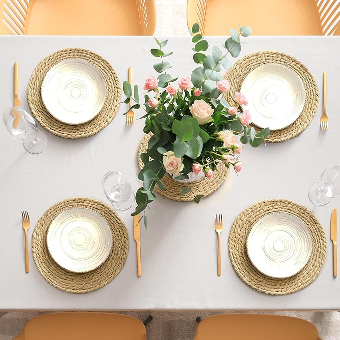Elcoho 10 Pieces Round Woven Placemats 12 Inch Boho Rattan Placemats Farmhouse Braided Place Mats Woven Plate Chargers Rustic Wicker Table Mats for Dining Table
