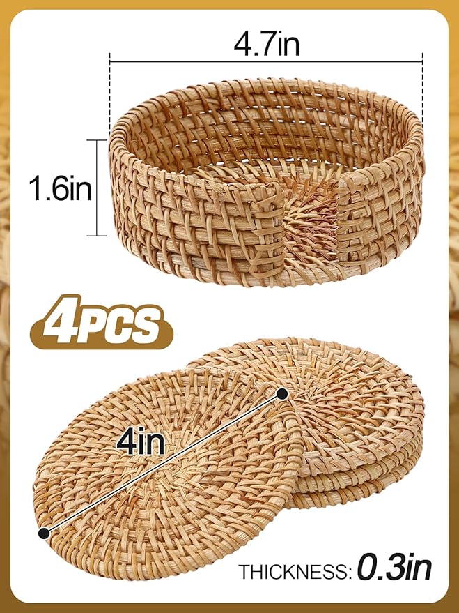 4pcs Natural Handmade Rattan Coasters with Holder - Wicker Drink Coasters Set for Protecting Table, Housewarming Gifts Boho Fall Home Decor