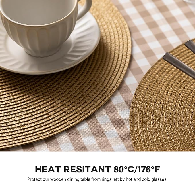 Round Placemats Set of 6 Plastic Woven Placemats Washable Wipeable Table Mats for Dining Table Heat Resistant Non-Slip Circle Place Mats (Tan)