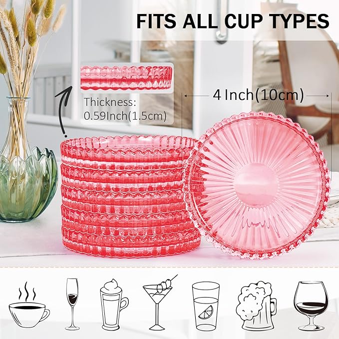 Modern Glass Coasters, GOH DODD Set of 6 Crystal Coasters Tabletop Protection for Drinks, Home Decor, Kitchen, Living Room, Patio, Wedding, Party, Housewarming Gifts, Clear Red