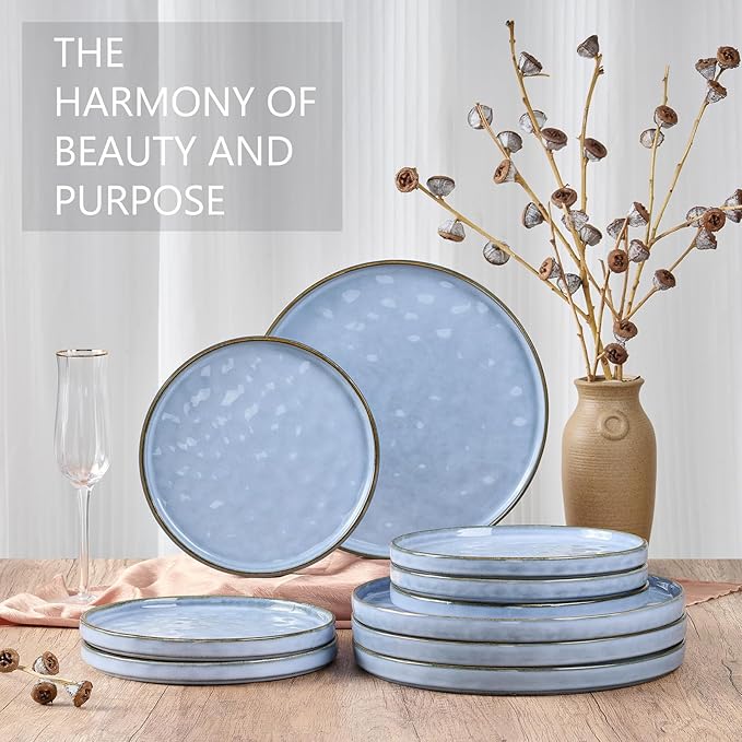 LIANYU 6PCS Ceramic Flat Dinner Plates Set, Porcelain Salad Appetizer Dishes with High Edge, 7.9” Dessert Plates Set, Microwave, Oven, dishwasher Safe, Chip & Scratch Resistant, Serenity Blue