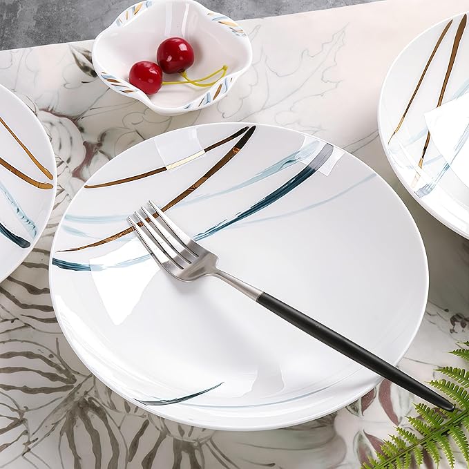 50 Pcs Fine Bone China Dinnerware Set, Porcelain & Ceramic Dinnerware Sets, Bone Stoneware & Ceramic Cookware Tableware Set Includes Dinner Plates|Spoons|Pasta Bowls|Soup Pot|Chopsticks