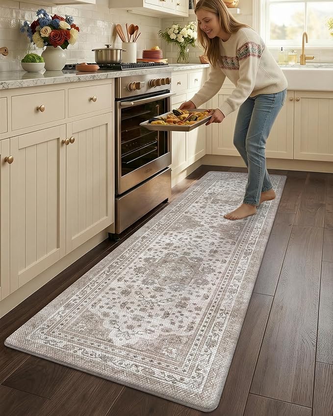 Color&Geometry Kitchen Floor Mats Anti Fatigue, Cushioned Boho Rugs,Waterproof Non Slip Kitchen Runner for Sink, Standing Mats for Office,24"x87",Beige