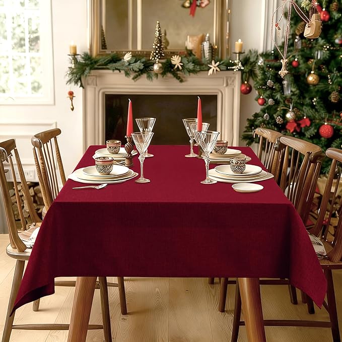 Hiasan 2 Pack Faux Linen Red Rectangle Tablecloth - Wrinkle and Stain Resistant Washable Table Cloth for Kitchen Dining Room Holiday Table Cover for Party Dinner, 90 x 156 Inch