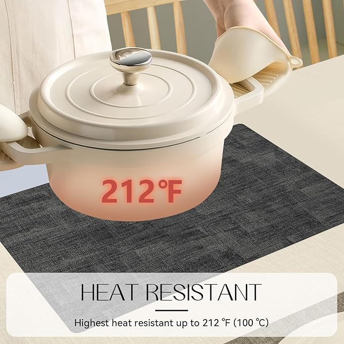 Romanstile Vinyl Placemats Set of 8-12 x 17 Inch - Heat Resistant Place Mats 100% Waterproof Oilproof Wipeable Reversible Faux Leather Table Mats for Kitchen/Dining/Party/Holiday, Dark Grey