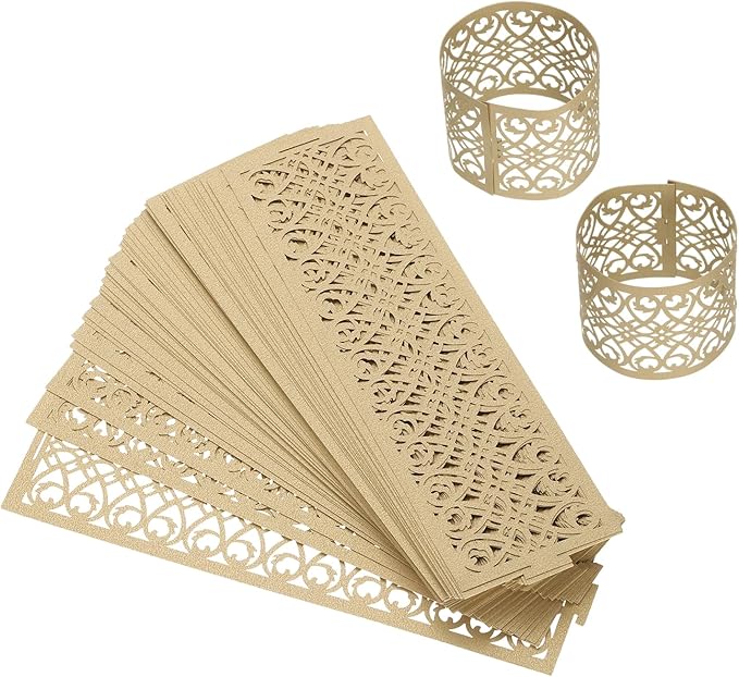 uxcell 100Pcs Napkin Rings Laser Cut Foil Paper, Napkin Holder Hollow Napkin Bands for Weddings Party Serviette Table Decoration Restaurant (Brown, 5.3 x 1.6)