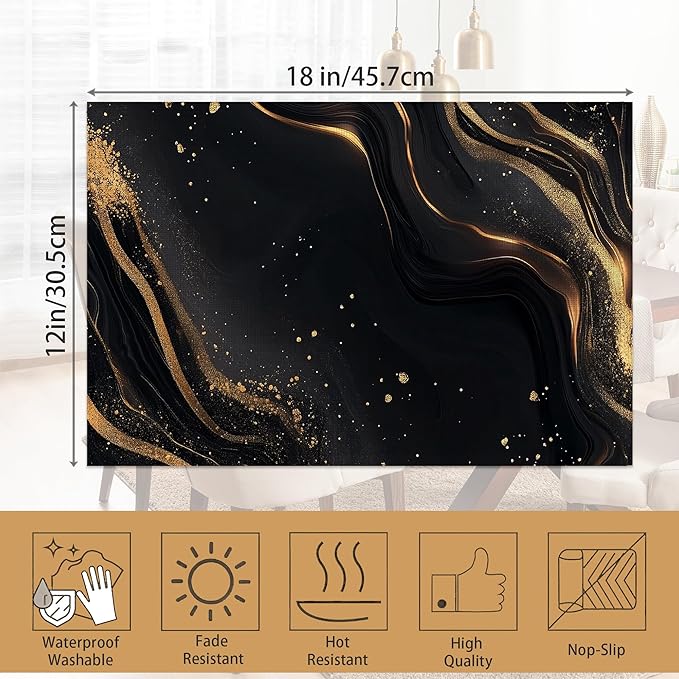 Abstract Marble Placemats Set of 6,Gold Black Waterproof Non-Slip Washable Table Mats for Kitchen Dining Holiday Party Wedding Decor 12x18 Inch