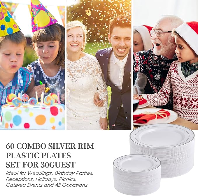 FOCUSLINE Silver Plastic Plates Set of 60, Disposable Plates with Silver Rim 30 Dinner Plates 10" and 30 Salad Dessert Appetizer Plate 7", Elegant Fancy Heavy Duty Wedding Party Plates
