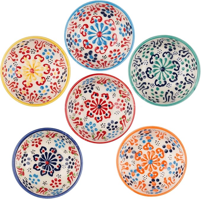 BCS Ceramic Salsa Bowls Set of 6 Small Pinch Bowls for Dipping, Cooking Prep & Charcuterie Board, Soy Sauce Dish, Multicolor Handmade Decorative Mini Serving Dishes Dishwasher Safe (3.2''-3 oz)