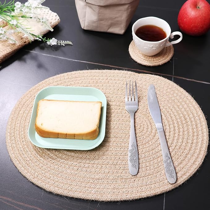 Jute Woven Oval Placemats Set of 6, Brown Plate Charger 12x16 inches Jute Heat Resistant Non-Slip Weave Place mats Farmhouse Straw Braided Rattan Tablemats Wicker Placemats for Dining Table