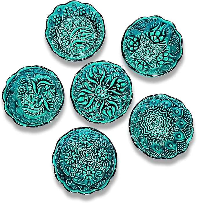Handmade Decorative Turkish Ceramic Mini Pinch Bowls Set of 6 – Small Dipping & Serving Sauce Bowls, Green Charcuterie Accessories, Hand-Painted Floral Pattern Snack Dishes for Kitchen & Table Decor