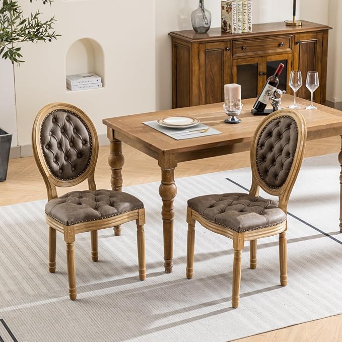 Vintage French Dining Chairs Set of 4, Round Back PU Leather Upholstered Accent Chairs with Nailhead Trim and Solid Wood Frame, Farmhouse Sillas de Comedor for Dining Room & Kitchen, Distressed Brown