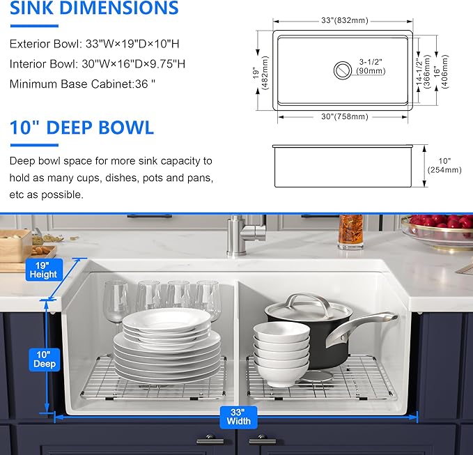 33 White Glossy Kitchen Sink 33''x19'' Undermount Fireclay Sink Single Bowl Porcelain Sinks Ceramic Deep Bowl Farmer Basin with Bottom Grid & Strainer Easy To Clean and Noise Reduction