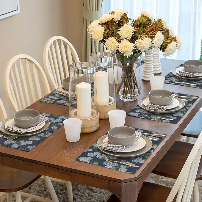 Navy Blue Placemats Set of 4 Blue Green Hydrangea Flower Decor Place Mats 12x18 Inch Vintage Floral Spring Summer Seasonal Decorative Linen Table Mats for Kitchen Dining Party Table Decoration